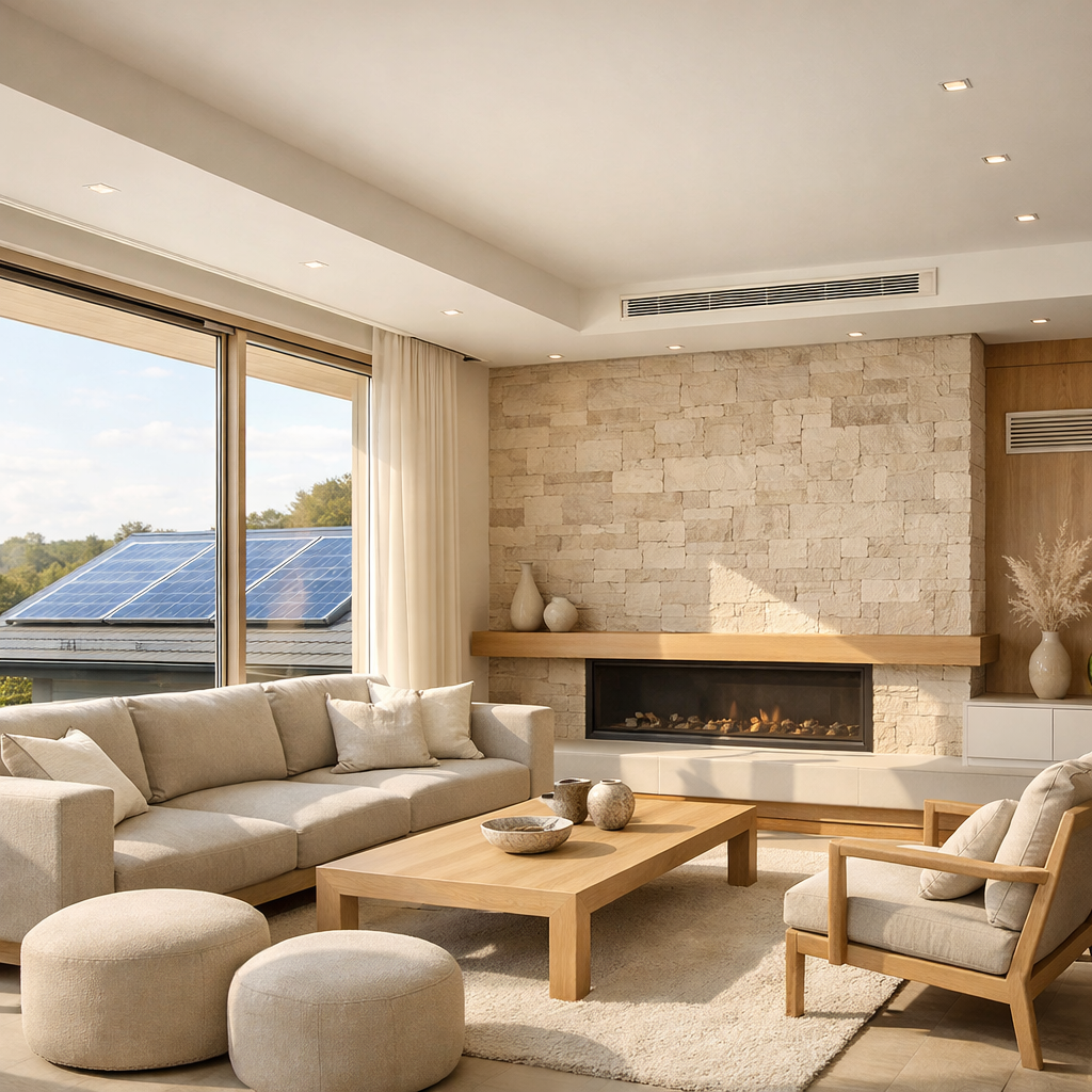 Vivienda eficiente con placas solares en cubierta y sistema de climatización integrado en salón moderno