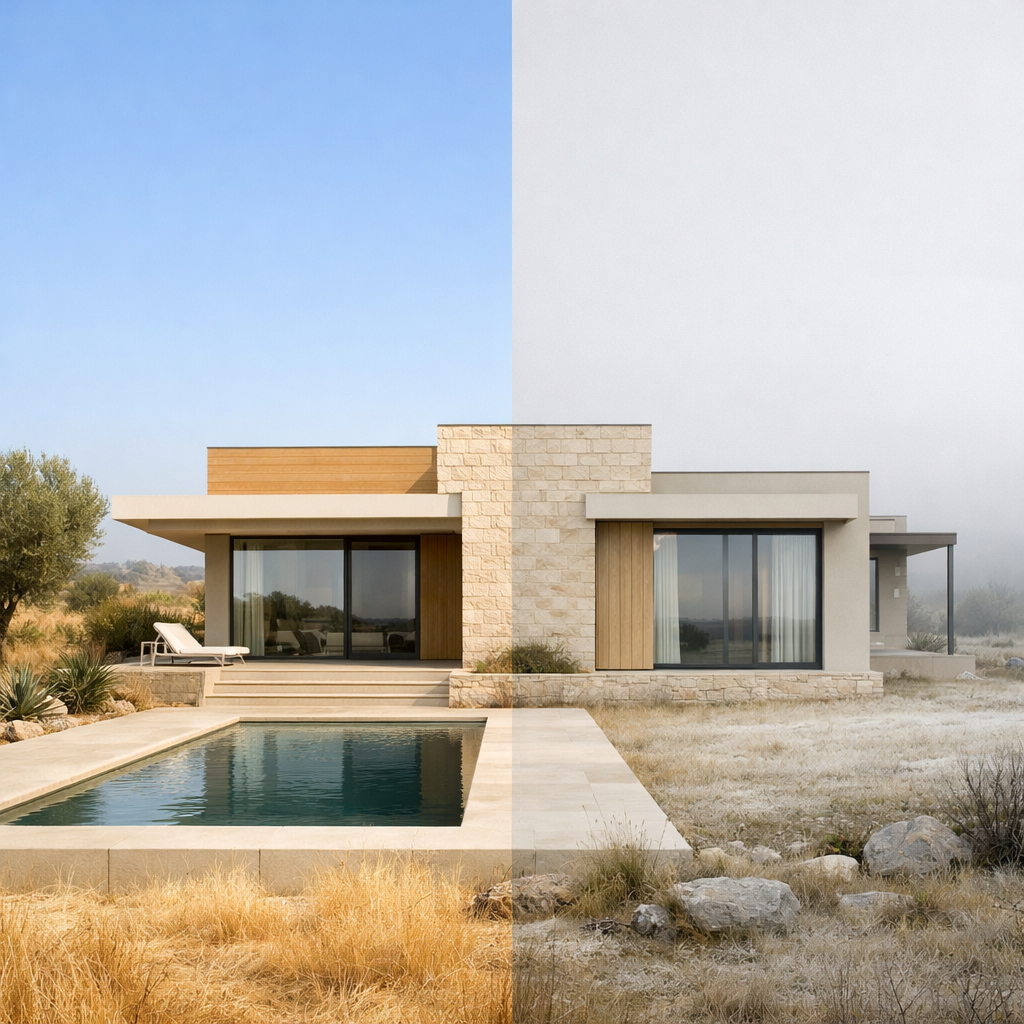 Contraste climático en vivienda unifamiliar en Extremadura mostrando verano seco e invierno frío en comparativa para sistemas de geotermia y aerotermia.