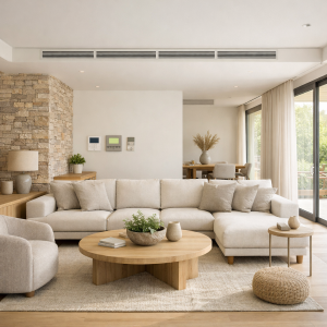 Salón moderno con diseño sostenible integrado y climatización eficiente en reforma integral