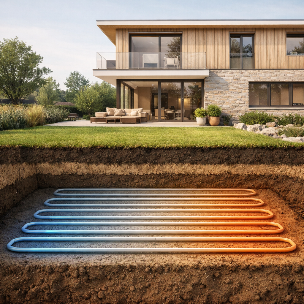 Sistema de geotermia de baja temperatura con captación horizontal en vivienda unifamiliar
