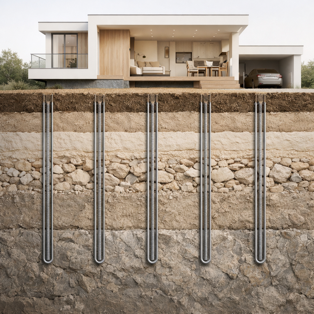 Vivienda unifamiliar con sistema de geotermia mediante sondas verticales profundas en el subsuelo