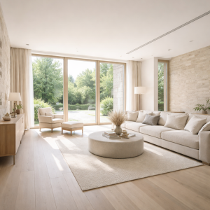 Interior de vivienda Passivhaus con grandes ventanales y confort térmico estable