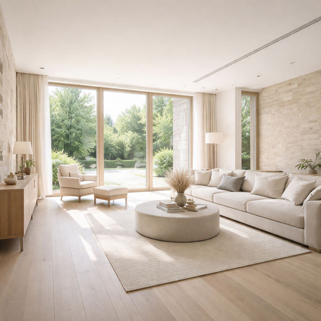 Interior de vivienda Passivhaus con grandes ventanales y confort térmico estable